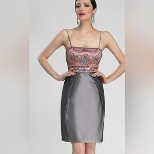 Sue Wong Beaded and Sequined Bodice Scrolling Pattern Taffeta Dress.